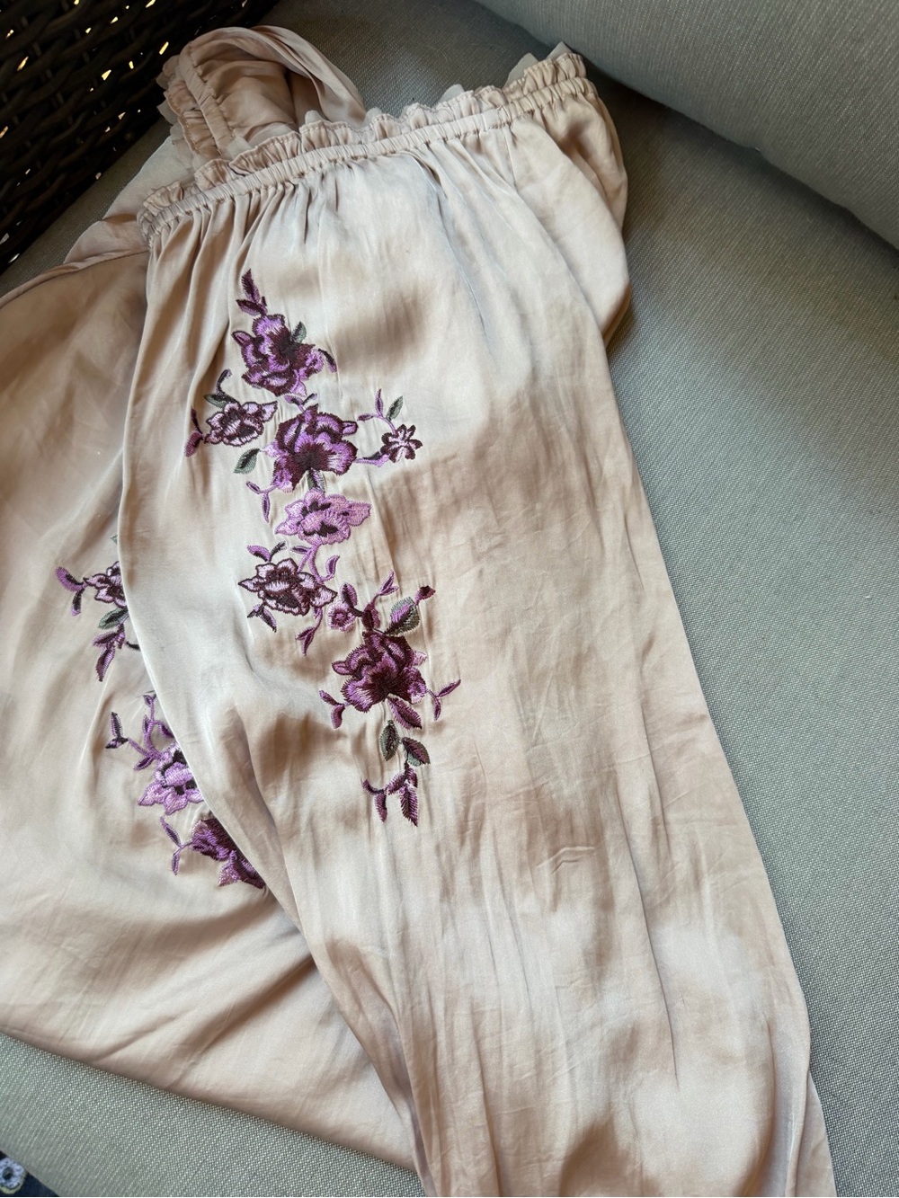 White House Black Market Beige Peasant Blouse with Purple Floral Embroidery - Picture 5 of 7